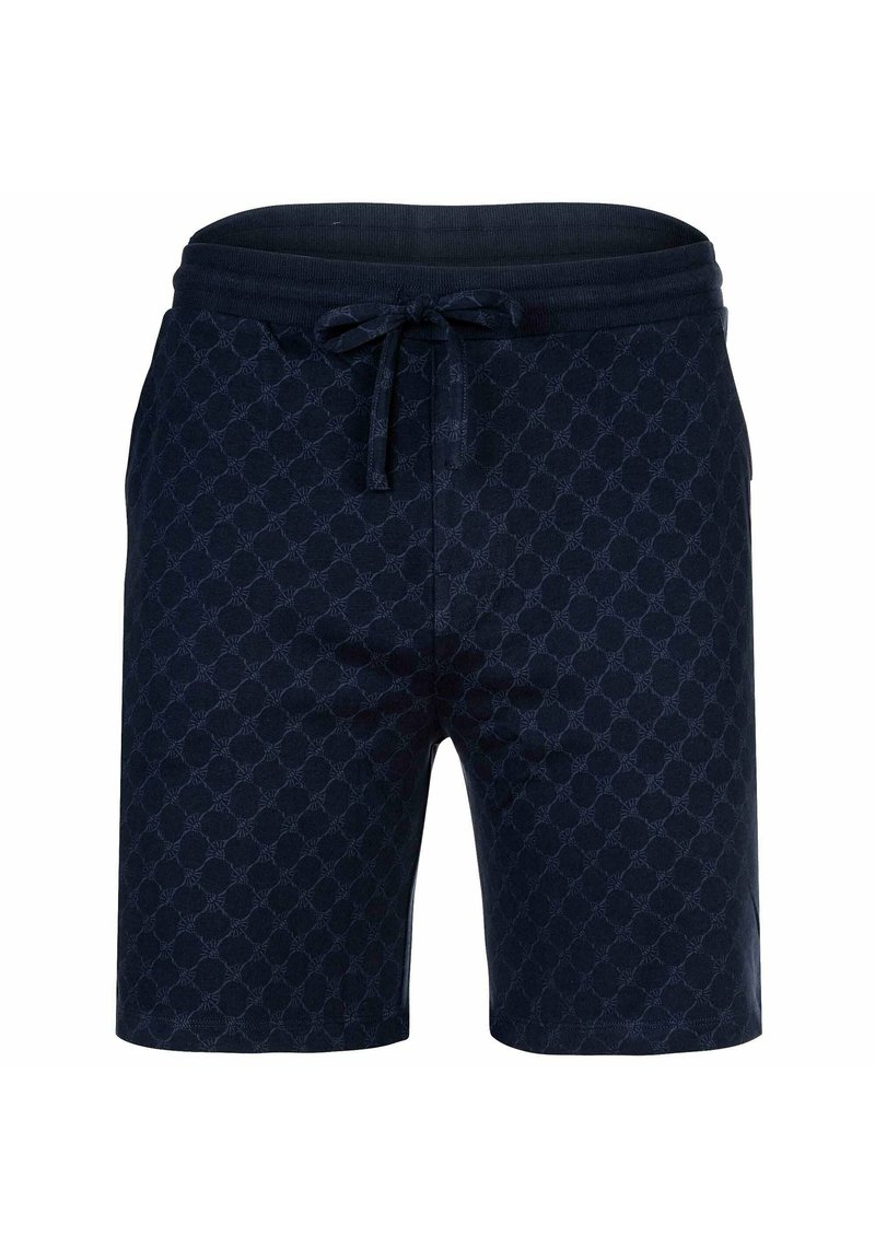 Granatowe szorty na sznurku z delikatnym, wszechobecnym wzorem geometrycznym i prążkowanym pasem w talii.
