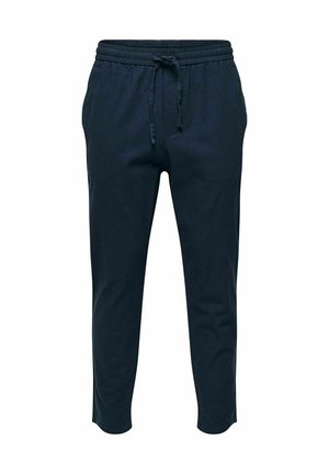 Marineblauwe sweatpants van zachte stof, met een elastische tailleband met een trekkoord, taps toelopende benen en zonder zichtbare zakken.