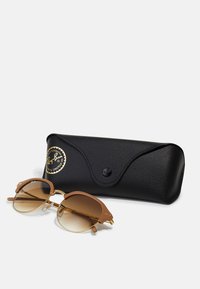 Sončne naočale Ray-Ban z rjavimi lečami, zlatimi kovinskimi detajli in rjavim okvirjem, priložene črni usnjeni etui z logotipom.