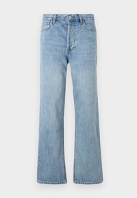 Jean en denim bleu clair avec une taille haute, un design évasé et un style classique à cinq poches avec des coutures contrastées.