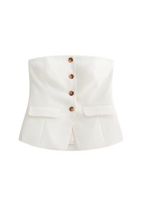Vit axelbandslös topp med ett figursytt design, fem glansiga bruna knappar och två sidofickor. Slät tyg med en strukturerad silhuett.