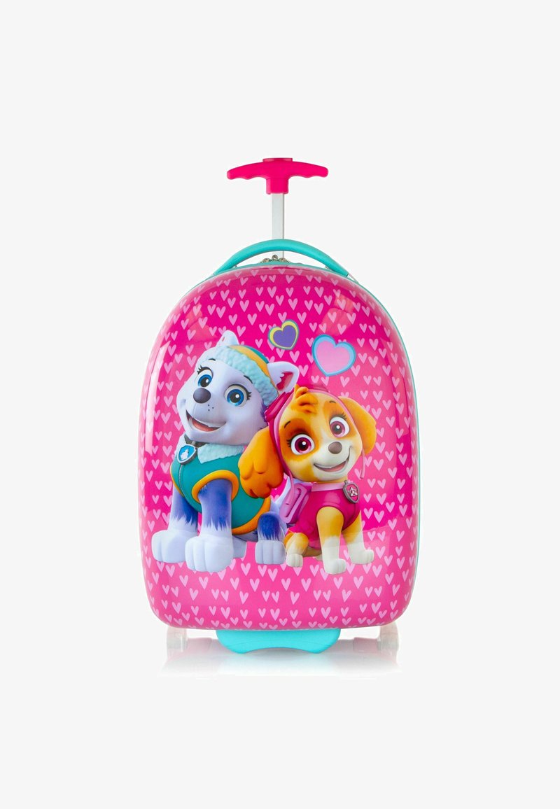 Valigia rigida per bambini di colore rosa con finitura lucida. Presenta personaggi di cani dei cartoni animati sul davanti, e motivi a cuore, oltre a un manico telescopico.