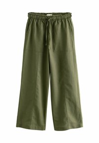 Olivengrønne wide-leg bukser med elastisk talje, justerbar snor og to sidelommer. Glat, letvægtsstof med et enkelt design.