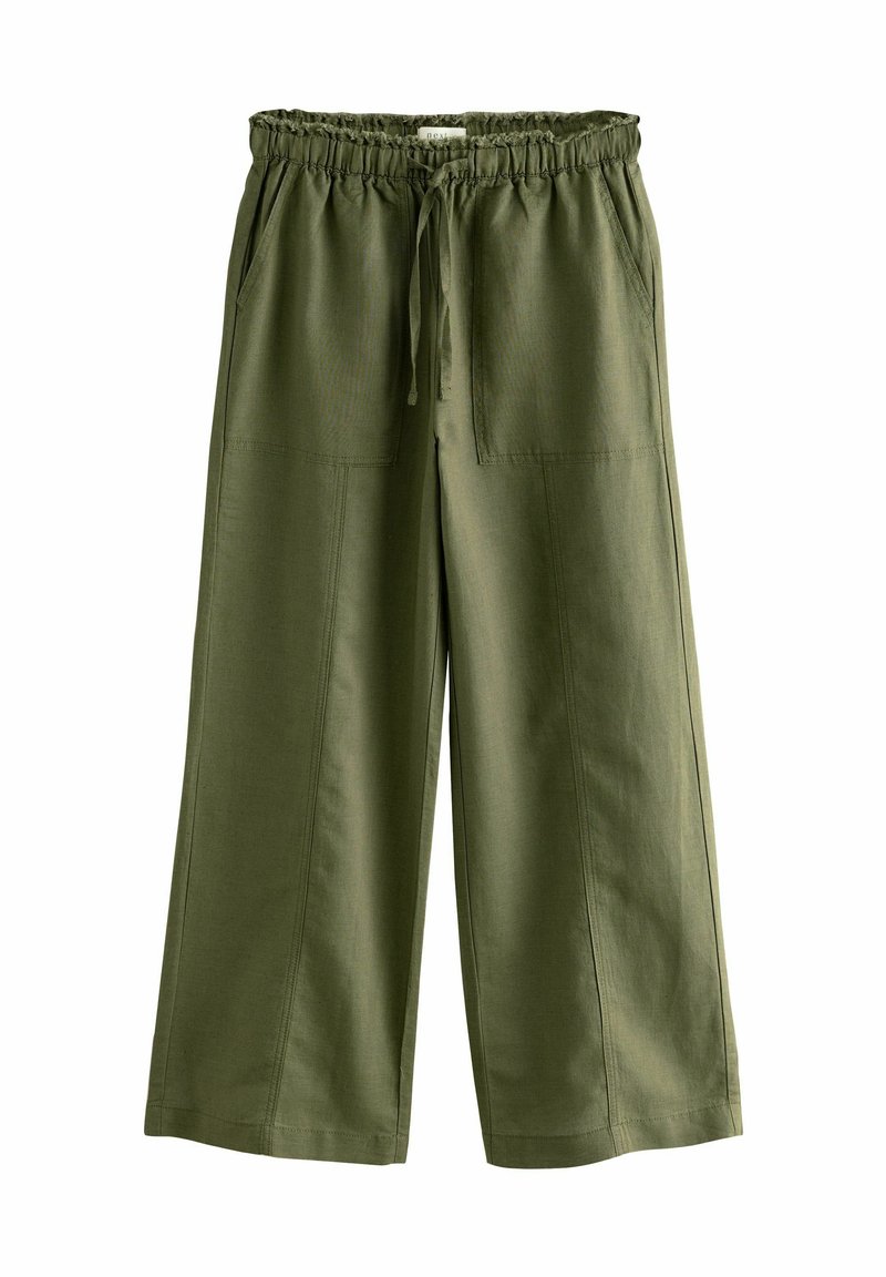 Olivengrønne wide-leg bukser med elastisk talje, justerbar snor og to sidelommer. Glat, letvægtsstof med et enkelt design.