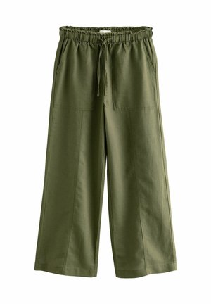 Olivgrüne, weit geschnittene Hose mit elastischem Bund, Kordelzug und zwei Vordertaschen. Leichter Stoff mit glatter Textur.