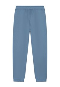 Lichtblauwe sweatpants met een elastische tailleband, taps toelopende boorden, een gladde textuur en een eenvoudig ontwerp zonder patronen of accenten.