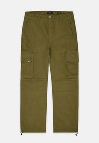 Pantalons cargo vert olive en tissu durable, avec deux poches latérales, des poches cargo supplémentaires et des ourlets ajustables avec des coulisseaux.