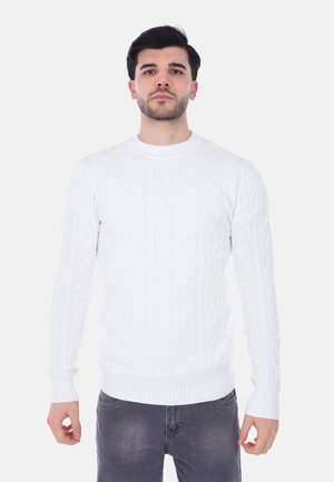 Maglione bianco a treccia lavorato a maglia con colletto e polsini a costine; design aderente; texture morbida; indossato sopra jeans scuri.