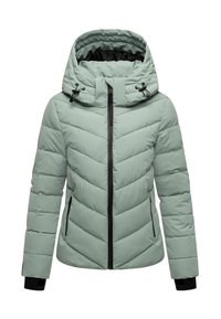 Light green padded winter jacket with large adjustable hood, front and side zip pockets, and black inner wrist cuffs.