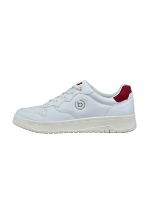 White leather sneaker with a low-top design, round toe, white sole, red heel accent, and embossed logo on the side.