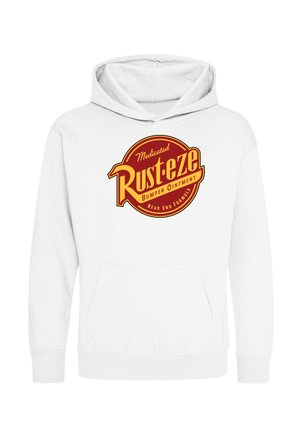 Hvid hættetrøje med frontlomme med et rødt og gult "Rust-eze Medicated Bumper Ointment" rundt logo på brystet.