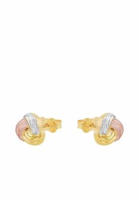 Guld- och silverörhängen i form av ringar med en accent av roséguld. Designen har sammanslingrade element och texturerade ytor för visuell variation.