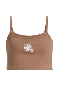 Bruine geribbelde crop top met dunne bandjes, voorzien van witte bloemenborduursels in het midden. Eenvoudig en aansluitend ontwerp, met een gladde textuur.