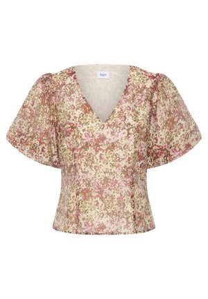 Bluse med blomsterprint i rosa, brune og beige farger, dyp V-hals og korte, vide puffærmer.