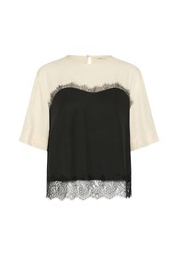 Blouse crème à manches courtes avec un panneau avant noir orné d’un galon en dentelle noire festonné en haut et en bas.