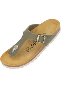 Sandalo infradito verde oliva con fibbia, soletta in suede marrone e suola in gomma chiara. Presenta un bottone decorativo rotondo.