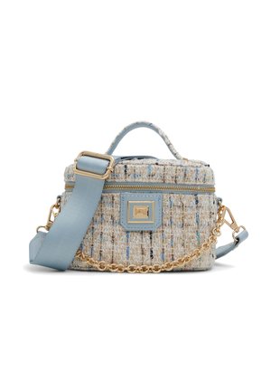 Kleine rechteckige Handtasche aus strukturiertem blauem und beigem Stoff, mit goldenem Reißverschluss und Kette, blau verstellbarem Schulterriemen und Tragegriff oben.