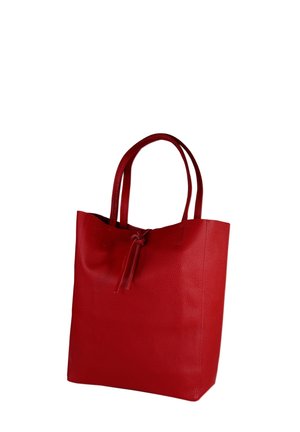 Red leather tote bag with two slender handles, soft texture, open top secured by a drawstring, and a minimalist design.