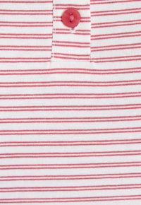 Short-sleeve polo shirt in white with red horizontal stripes, featuring a single red button at the collar and soft cotton texture.