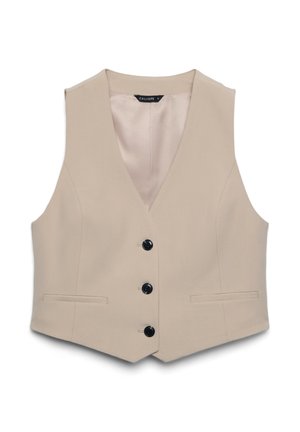 Gilet beige à encolure en V, cinq boutons noirs et deux poches avant. Tissu lisse, coupe ajustée et sans manches.