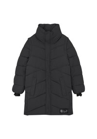 Cappotto imbottito nero con colletto alto, caratterizzato da cuciture a chevron, due tasche frontali e un'etichetta sul lato destro in basso.