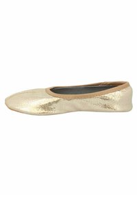 Goldene metallische Ballerinas mit abgerundetem Zeh, elastischem Rand und glatter Oberfläche. Obermaterial aus weichem Stoff und flache Sohle für Komfort.