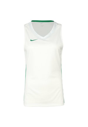 Haut de sport sans manches blanc avec un col en V, présentant des accents verts sur les côtés et un logo Nike vert sur la poitrine. Fabriqué en matériau lisse.
