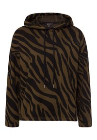 Sudadera verde oliva con rayas de tigre negras. Cuenta con capucha ajustable y mangas largas. Tejido suave y texturizado con un corte relajado.