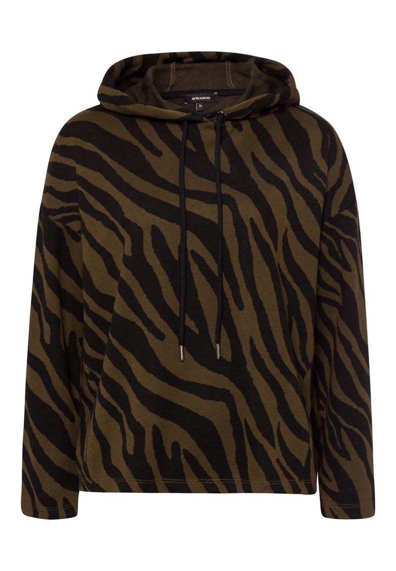 Sudadera verde oliva con rayas de tigre negras. Cuenta con capucha ajustable y mangas largas. Tejido suave y texturizado con un corte relajado.