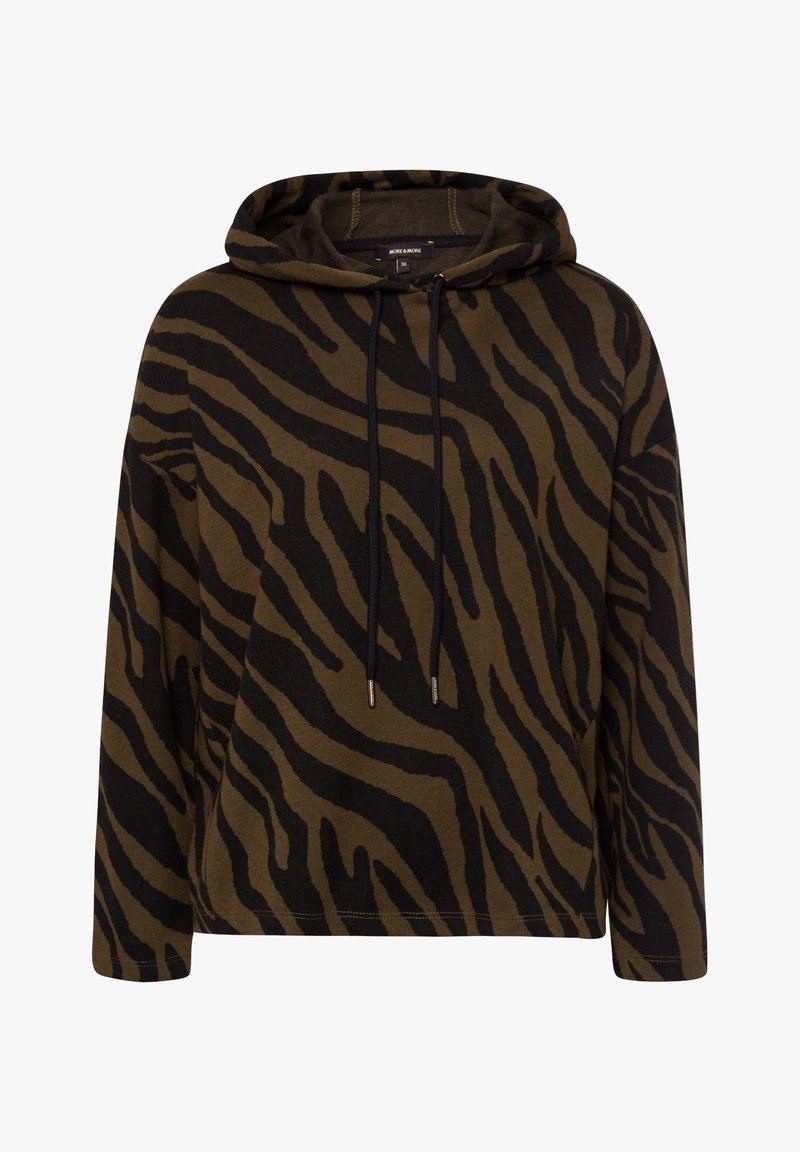 Sudadera verde oliva con rayas de tigre negras. Cuenta con capucha ajustable y mangas largas. Tejido suave y texturizado con un corte relajado.