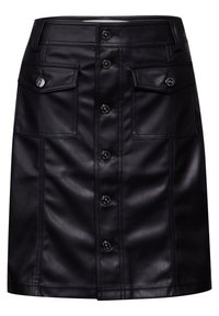 Svart läderkjol med en figurnära design, knappstängning fram, två fickor med klaff och subtil textur med sömnadsdetaljer.