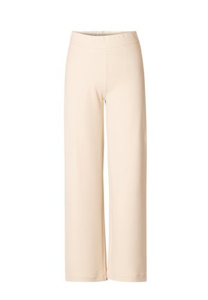 Beige wijde legging met een elastische tailleband, gemaakt van zachte, lichte stof, met een gladde textuur en minimale ontwerpelementen.
