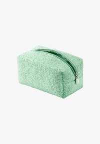 Myk teksturert mintgrønn rektangulær pouches med en delvis åpen glidelås og sølvfarget pull-tab mot en hvit bakgrunn.