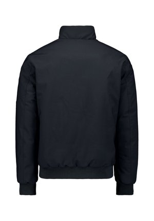 Zwarte jas met een hoge kraag, ribbelmanchetten en -zoom, en een gladde, matte textuur. Eenvoudig ontwerp zonder zichtbare patronen of hardware.