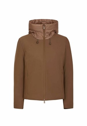 Giacca marrone con colletto alto e imbottito, zip frontale, tasche laterali e cordini elastici. Tessuto liscio e design aderente.