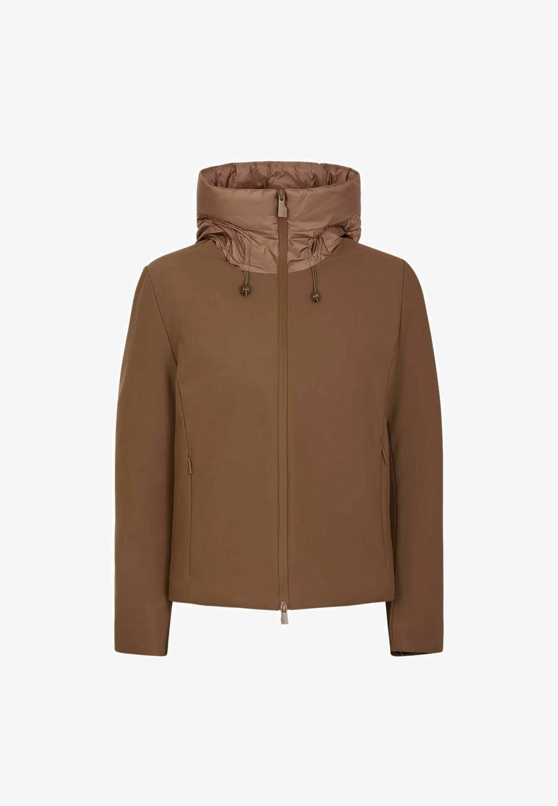 Giacca marrone con colletto alto e imbottito, zip frontale, tasche laterali e cordini elastici. Tessuto liscio e design aderente.