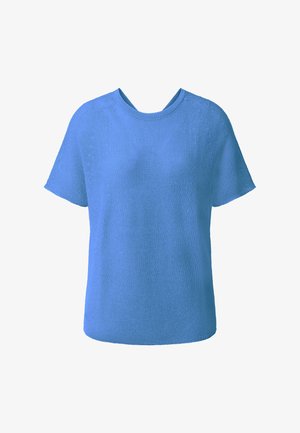 Blauwe gebreide top met korte mouwen en een relaxte pasvorm, met een ronde halslijn en een gestructureerd patroon over de stof.