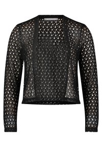 Schwarze, kurze Strickjacke aus offenem Spitzenstrick mit langen Ärmeln, die ein offenes Design vorne und gewellte Kanten am Saum und an den Bündchen aufweist.