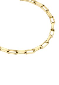 Zelta toņa metāla kaklarota ar taisnstūra posmu dizainu, kam piemīt gluda virsma un vienmērīga ķēdes tekstūra visā garumā.