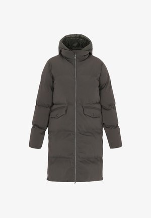 Donkergrijze lange gewatteerde winterjas met capuchon, frontale rits en twee klepzakken met drukknoopsluitingen.