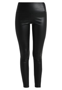 Svarta faux läderleggings med hög midja, kroppsnära design, slät textur och sömdetaljer längs benen.