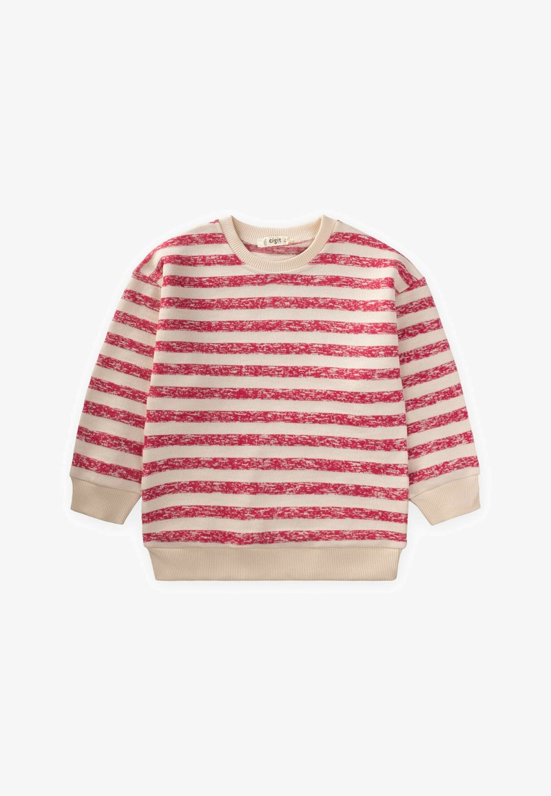 Rdeča in smetanasta prugasta sweatshirt s dolgimi rokavi, okroglo izrezom ter rebrastimi manšetami in robom. Mehka tekstura z sproščenim dizajnom.