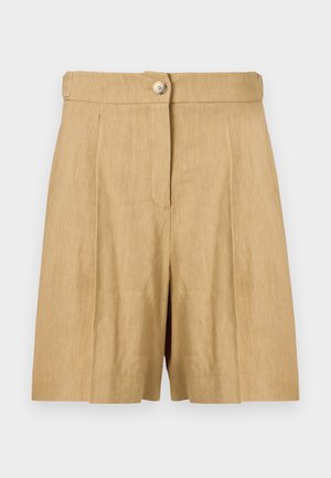 Beige linen shorts with a structured waistband, a single front button, and two front pleats for a tailored look.