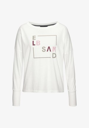 Valge pikkade varrukatega puuvillane T-särk, millel on ristkülikukujuline graafika, kus on tekst "ELB SAND" roosa, tumepunase ja halli värviga.