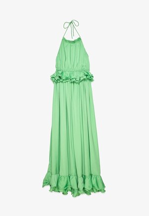Zelené halterneck maxi šaty vyrobené z hladkej látky, s volánovým pásom a lemom, s prúdnou, skladanou siluetou.