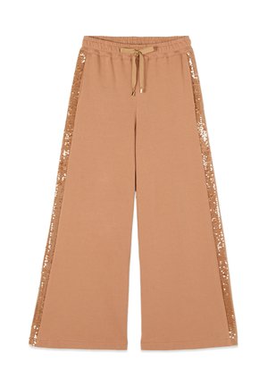 Pantaloni maro deschis cu croială largă, talie elastică, șnur de ajustare și margine decorativă cu paiete de culoarea cămilă de-a lungul cusăturilor exterioare.