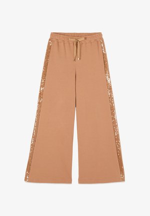 Pantaloni a gamba larga color cammello con vita elastica, coulisse e rifinitura di paillettes color cammello lungo le cuciture esterne.