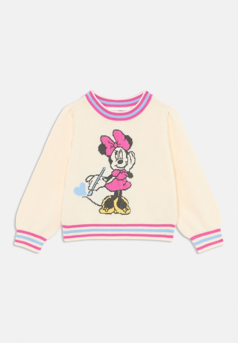 Pull crème à manches longues avec poignets et col rayés rose et bleu, avec Minnie Mouse en robe rose et grand nœud tenant un ballon en forme de cœur.