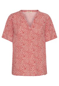 Červená blůza s krátkými rukávy a výstřihem do V, zdobená bílým květinovým vzorem. Tkanina se zdá být lehká s hladkou texturou.