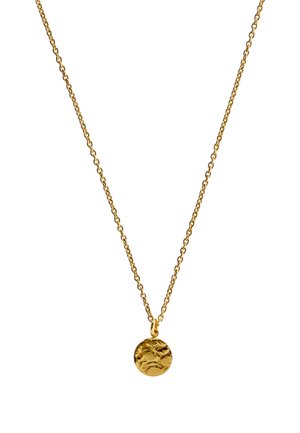 Goldene Halskette mit einem strukturierten runden Anhänger, der eine filigrane Kette und ein kunstvolles Design auf der Oberfläche des Anhängers aufweist.